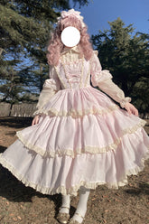 Robe Sweet Lolita à nœud papillon multicouche, manches longues, col à revers rose, taille haute